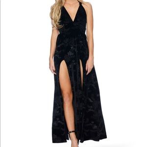 BlackMilk embossed velvet floral halter gown